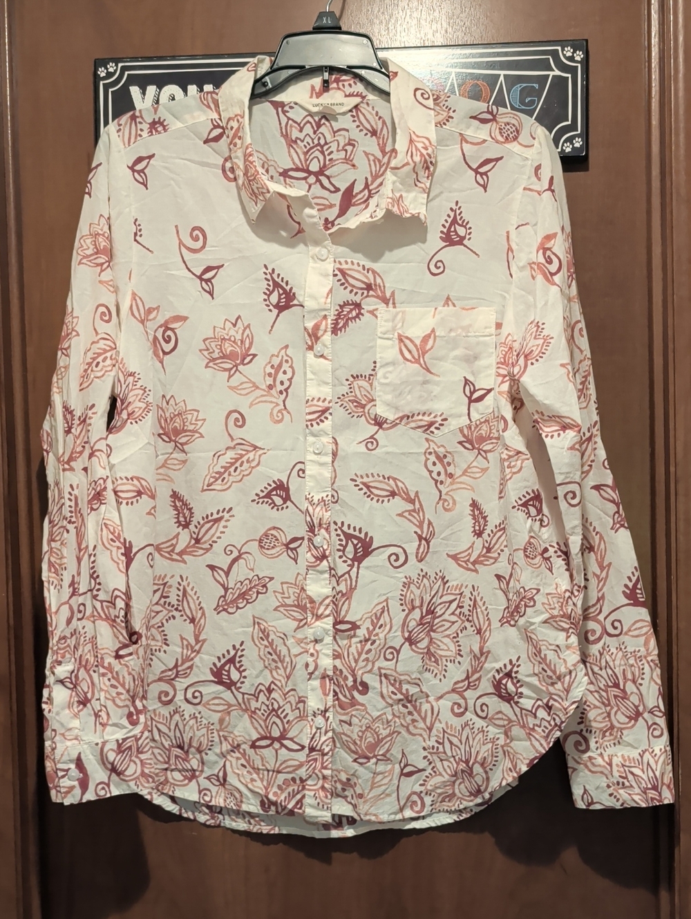 Lucky Brand Cotton White Button-Down Shirt with Red Floral Motif